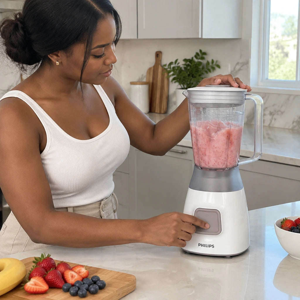 African American home cook operating a Philips HR2058 blender as fruit is blended into a smoothie