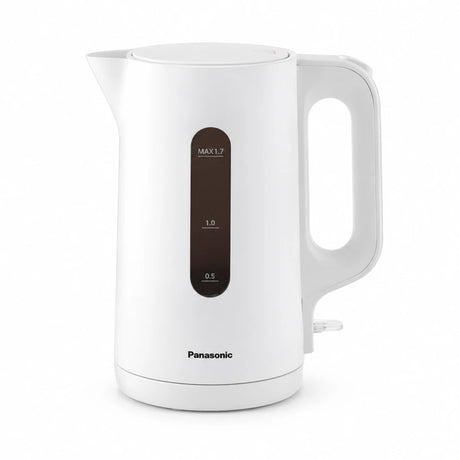 Panasonic K101 white 1.7L electric kettle with front water-level window on a white background