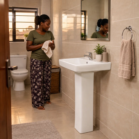 Finished bathroom with a Nate BR Fabia white ceramic full-pedestal basin after a hand-washing routine