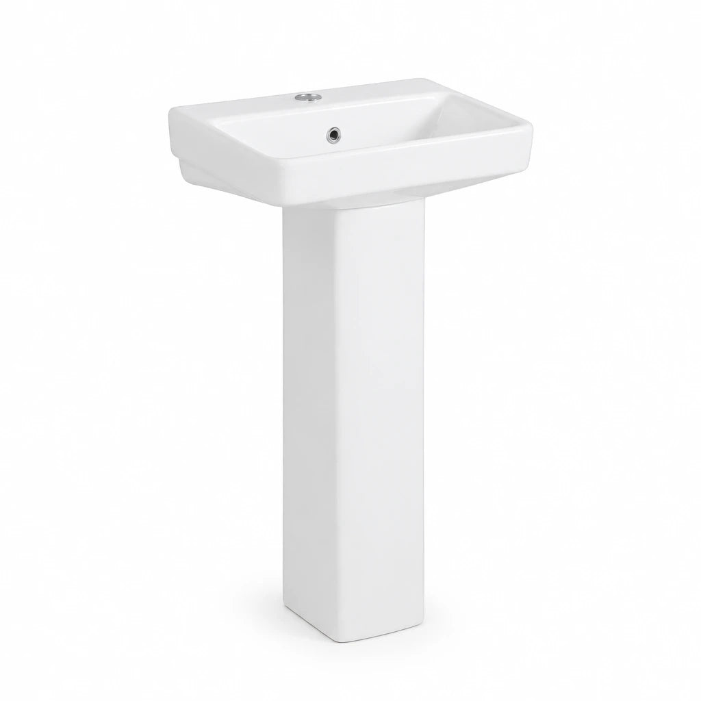Nate BR Fabia white ceramic full-pedestal wall-mounted wash hand basin shown on a clean white background