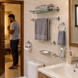 Organized Ghanaian home bathroom featuring the installed Nate BR chrome accessory set with towels and toiletries neatly arranged