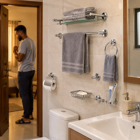 Organized Ghanaian home bathroom featuring the installed Nate BR chrome accessory set with towels and toiletries neatly arranged