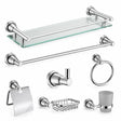 Nate BR chrome bathroom accessory set with glass shelf, towel rail, robe hook, towel ring, toilet paper holder, soap basket and tumbler holder on white