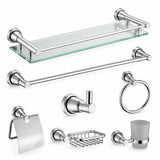 Nate BR chrome bathroom accessory set with glass shelf, towel rail, robe hook, towel ring, toilet paper holder, soap basket and tumbler holder on white