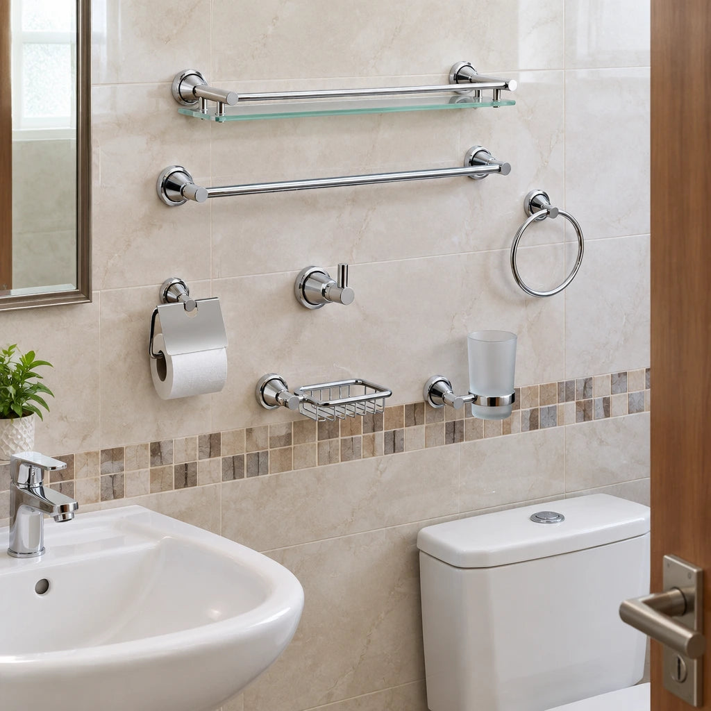 Nate BR chrome bathroom accessory set installed on a tiled bathroom wall with glass shelf and coordinated holders