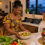 Finished meal preparation beside a clean Nate BR double bowl kitchen sink in a Ghanaian home
