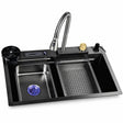 Nate BR RS-9992-GM dark double bowl drop-in kitchen sink with visible accessories on a white background