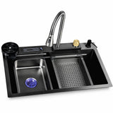 Nate BR RS-9992-GM dark double bowl drop-in kitchen sink with visible accessories on a white background