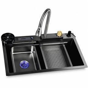 Nate BR RS-9992-GM dark double bowl drop-in kitchen sink with visible accessories on a white background