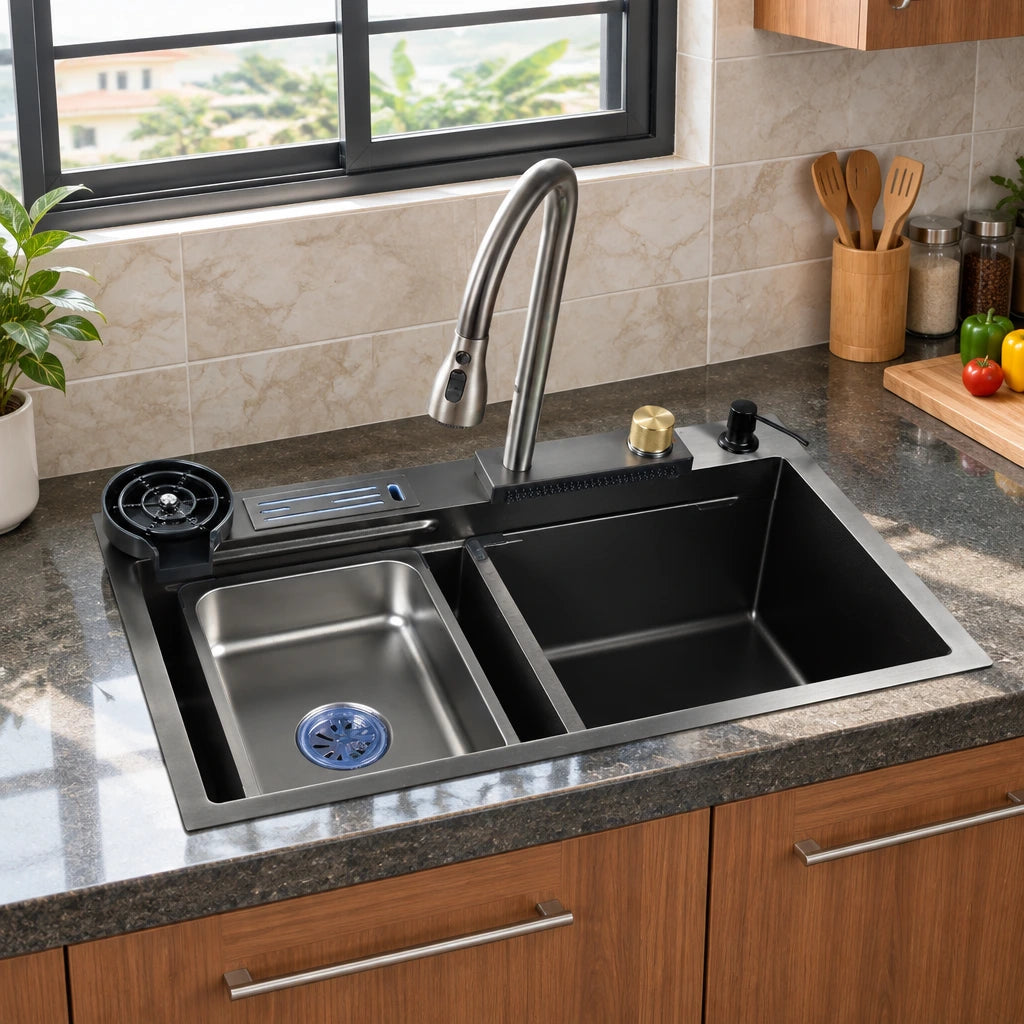 Nate BR double bowl drop-in kitchen sink installed in a lived-in Ghanaian home kitchen before use