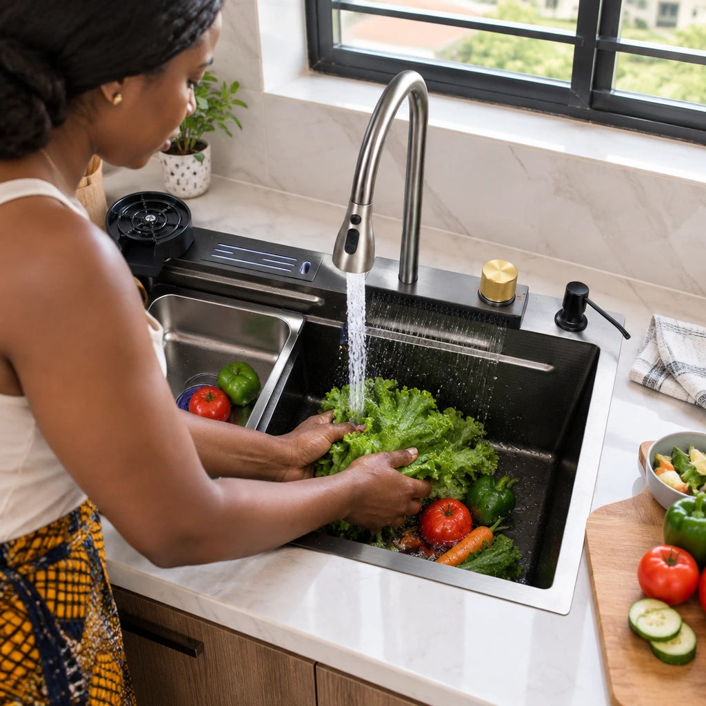 Ghanaian cook rinsing vegetables in the larger bowl of a Nate BR double kitchen sink