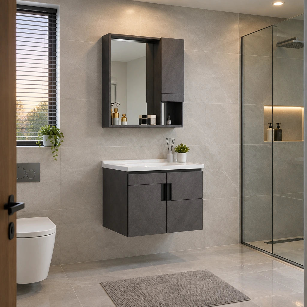 Wall-mounted WK-K-9147 bathroom vanity with mirrored storage cabinet installed in a contemporary bathroom