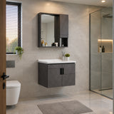 Wall-mounted WK-K-9147 bathroom vanity with mirrored storage cabinet installed in a contemporary bathroom