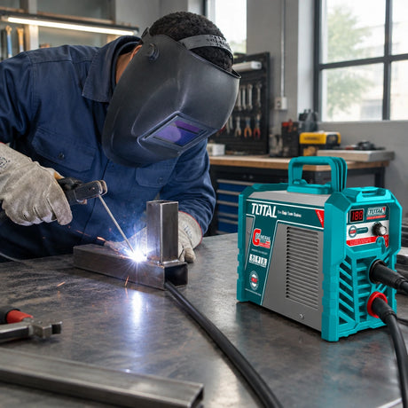 Welder using a Total TW218028 180A inverter MMA welding machine to join steel in a professional workshop
