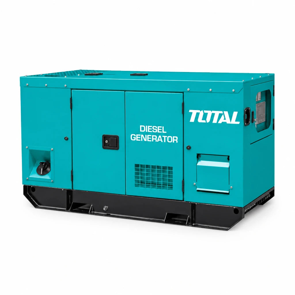 Total TP2150K3 turquoise 15 kW silent diesel generator on a white background