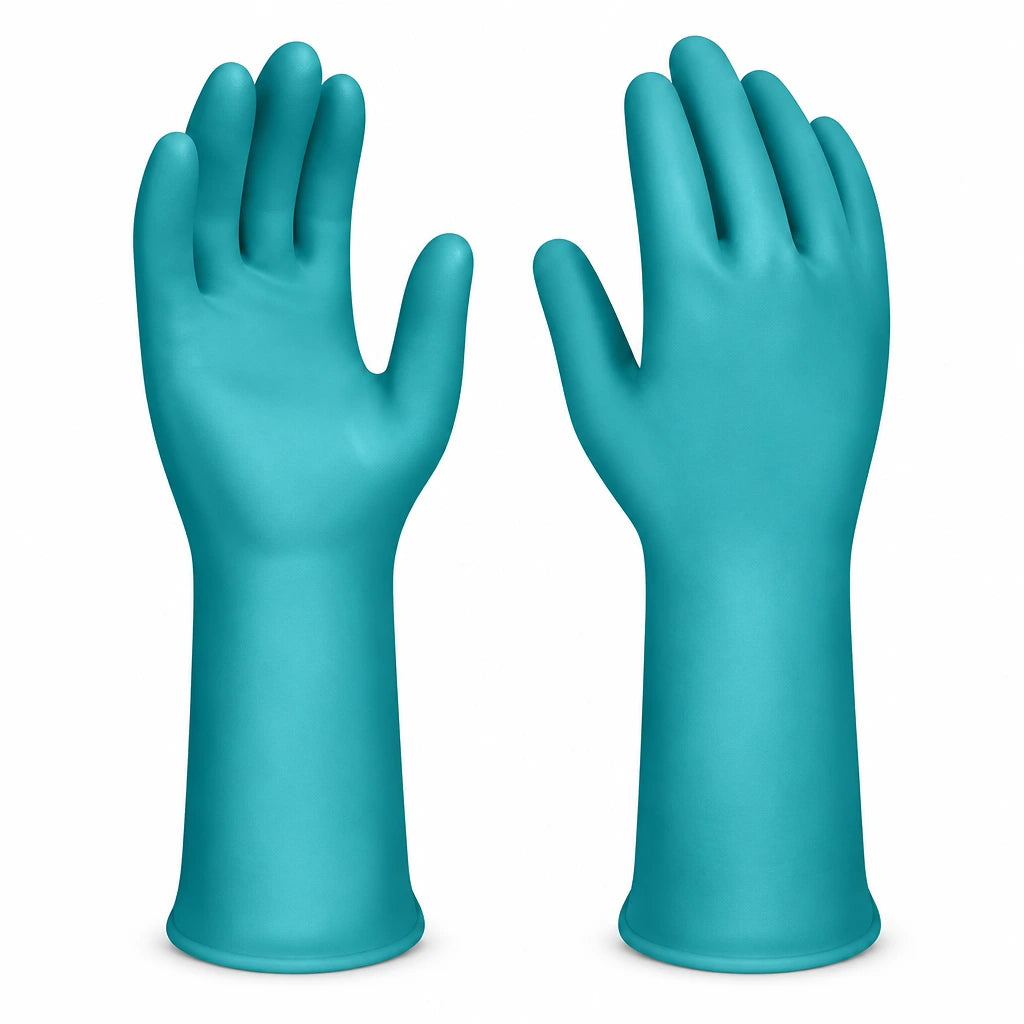 Pair of turquoise Total PVC TSP1801 work gloves displayed upright on a white background