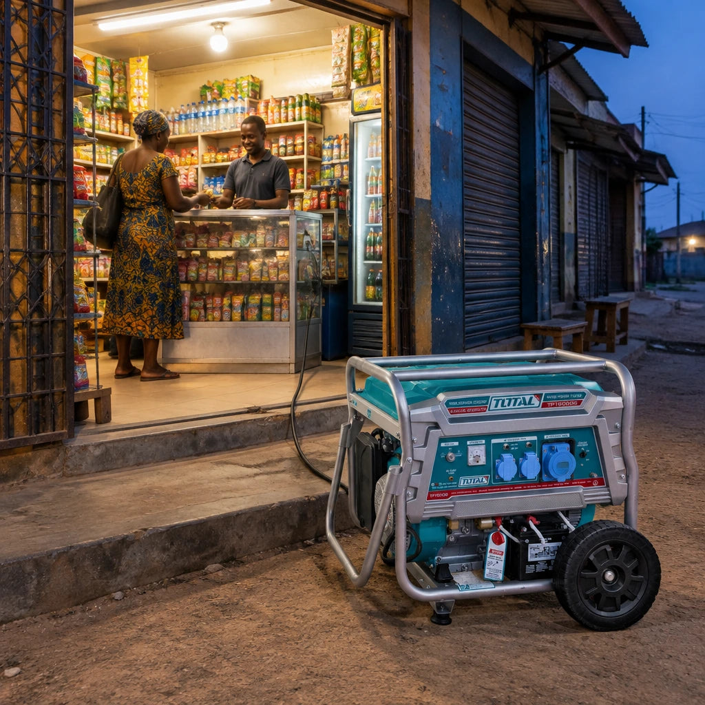 Total TP190006 gasoline generator powering a small Ghanaian shop during an evening power outage.
