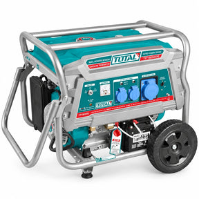 Total TP190006 7.5 kW gasoline generator with turquoise body, silver frame and front control panel on a white background.