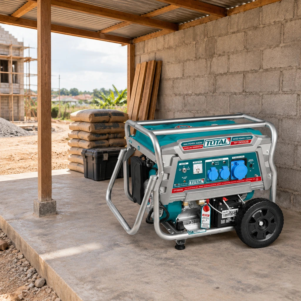 Total TP190006 gasoline generator parked on a concrete slab under a covered Ghanaian construction-site shelter.