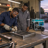 Ghanaian workshop tradespeople completing metalwork under powered lights with a Total TP1150006 generator visible behind them