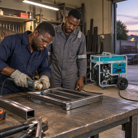 Ghanaian workshop tradespeople completing metalwork under powered lights with a Total TP1150006 generator visible behind them