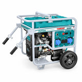 Total TP1150006 11 kW gasoline generator with turquoise tank, control panel, protective frame and wheels on a white background