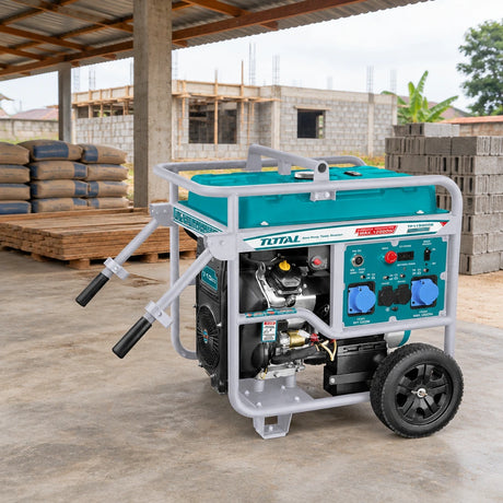 Total TP1150006 gasoline generator parked under a covered Ghanaian construction-site shelter beside building materials