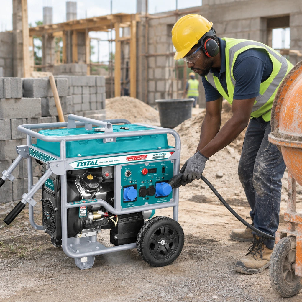Ghanaian construction worker connecting a Total TP1150006 gasoline generator to a site power lead during building work