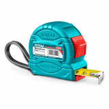Total TMT34525M turquoise and red 5 metre metric steel measuring tape with yellow blade and metal hook on a white background.