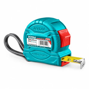 Total TMT34525M turquoise and red 5 metre metric steel measuring tape with yellow blade and metal hook on a white background.