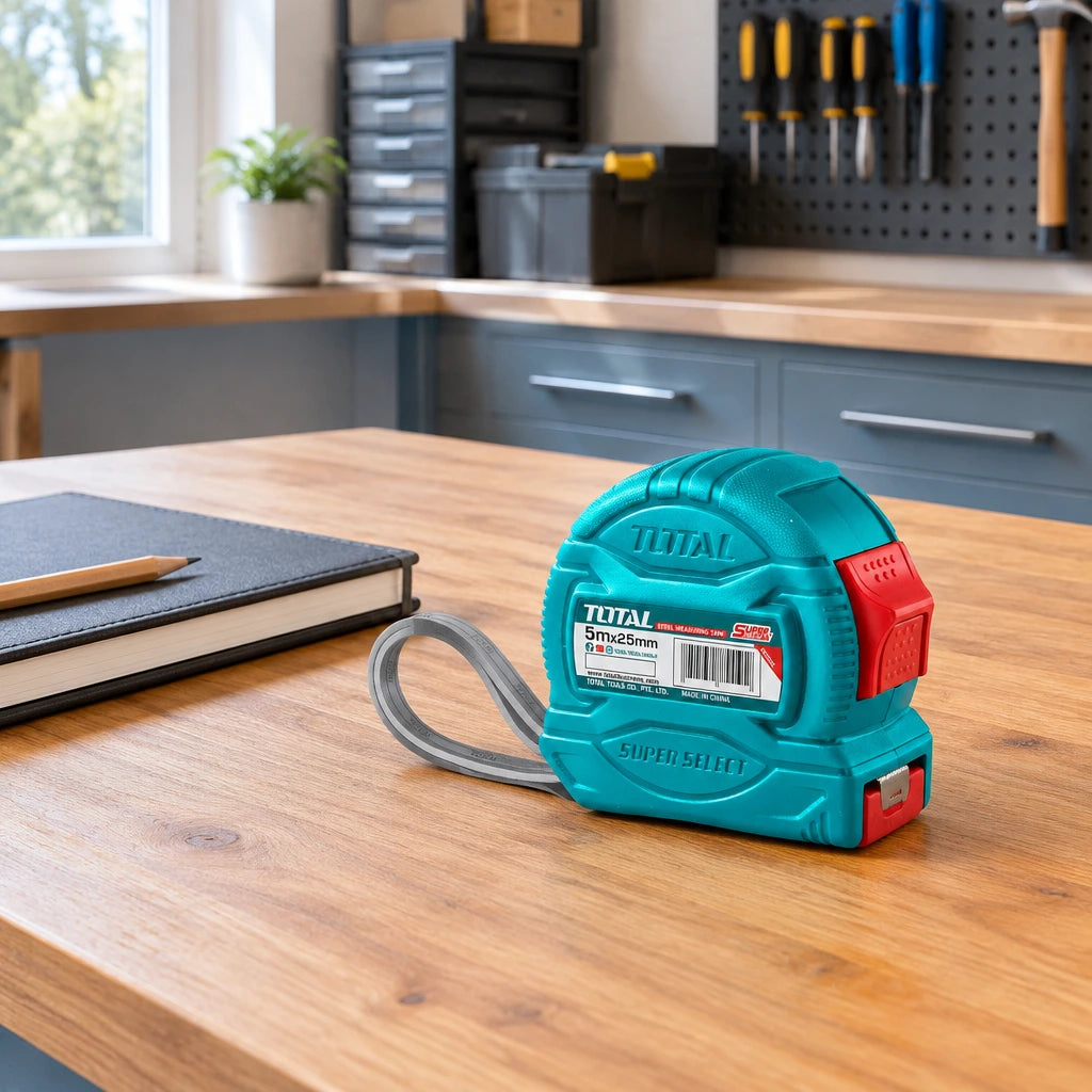 Total turquoise and red metric tape measure resting on an organised home workshop workbench before a project.