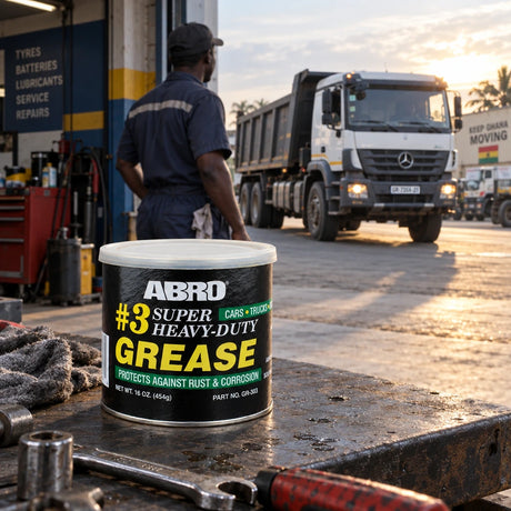 Abro #3 Super Heavy Duty Grease tin on a workshop bench as a serviced truck leaves a Ghanaian vehicle bay