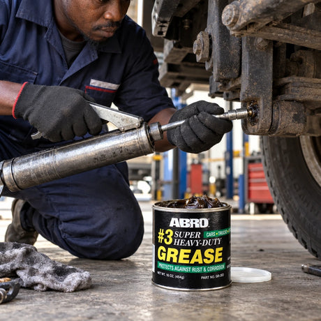 Ghanaian technician applying Abro #3 Super Heavy Duty Grease to a truck chassis fitting in a workshop