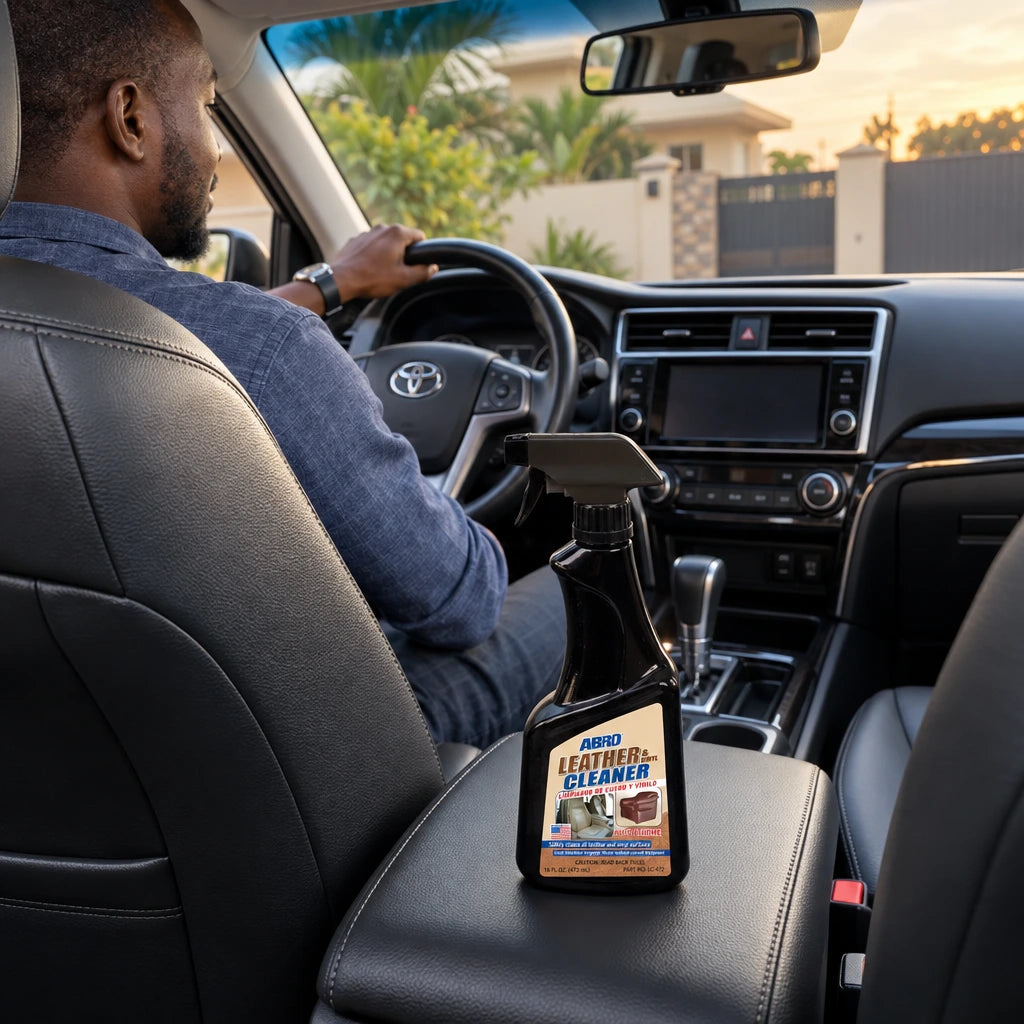 Clean vehicle leather seat and dashboard after use with Abro LC-472 cleaner, bottle in the foreground