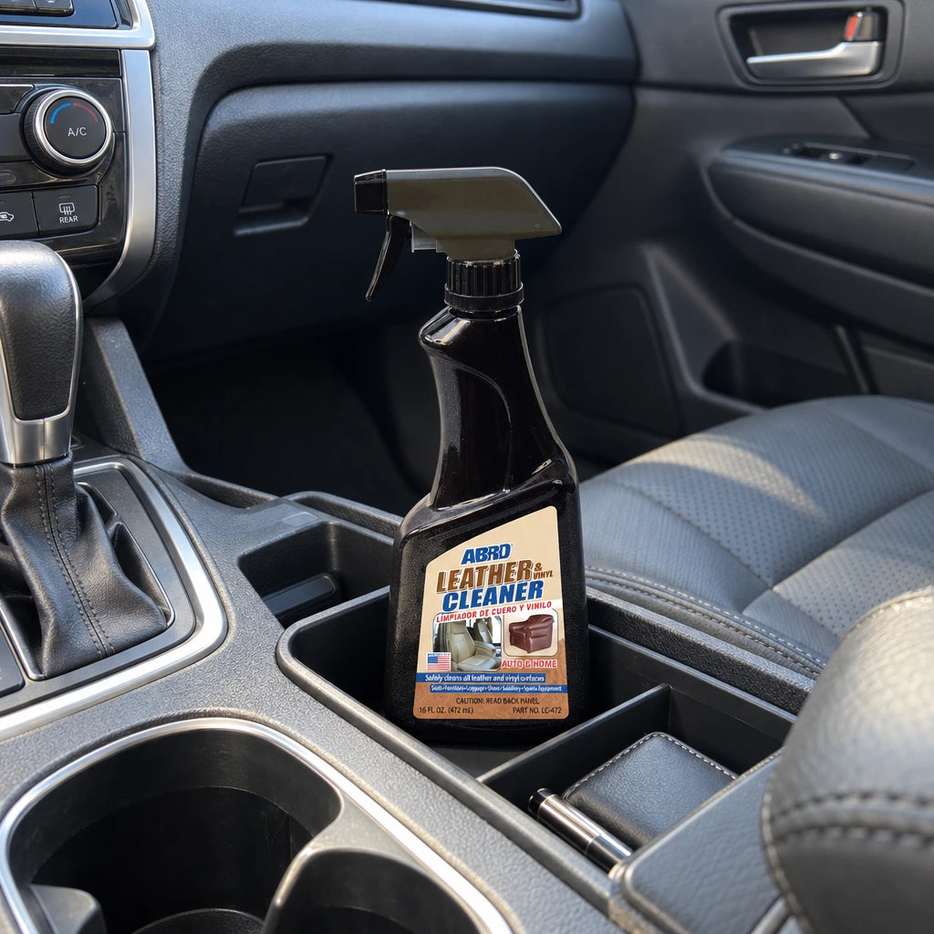 Abro LC-472 leather and vinyl cleaner bottle resting in a vehicle center console before interior cleaning
