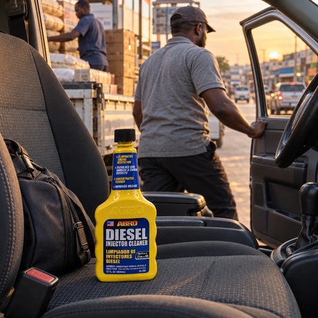 Ghanaian driver returning to work in a diesel pickup with an Abro Diesel Injector Cleaner bottle visible on the passenger seat