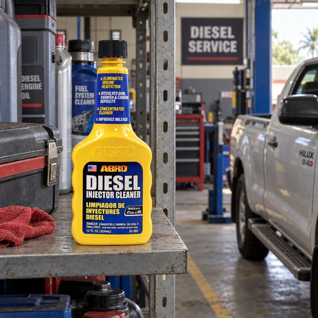 Abro Diesel Injector Cleaner bottle stored upright on a service shelf beside a parked diesel pickup in a Ghanaian auto workshop