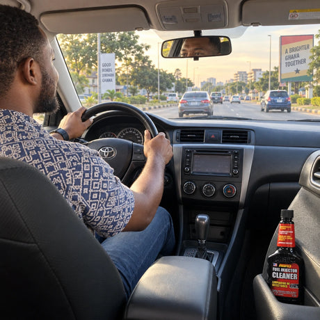 Relaxed Ghanaian driver on the road with an Abro IC-509 fuel injector cleaner bottle visible in the car