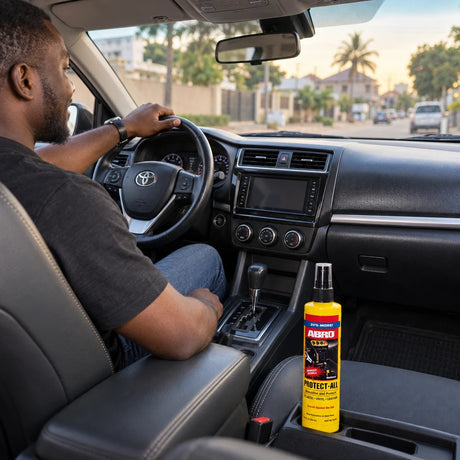 Clean refreshed car dashboard with Abro Protect-All cleaner bottle visible after interior detailing