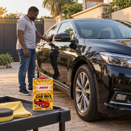 Freshly polished car outside a Ghanaian home with Abro SW-300 wax tin on a detailing trolley