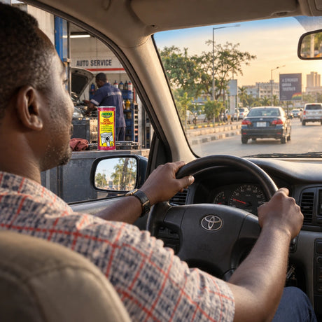 Relaxed Ghanaian driver leaving a workshop after Abro Engine Oil Treatment service with the can visible nearby