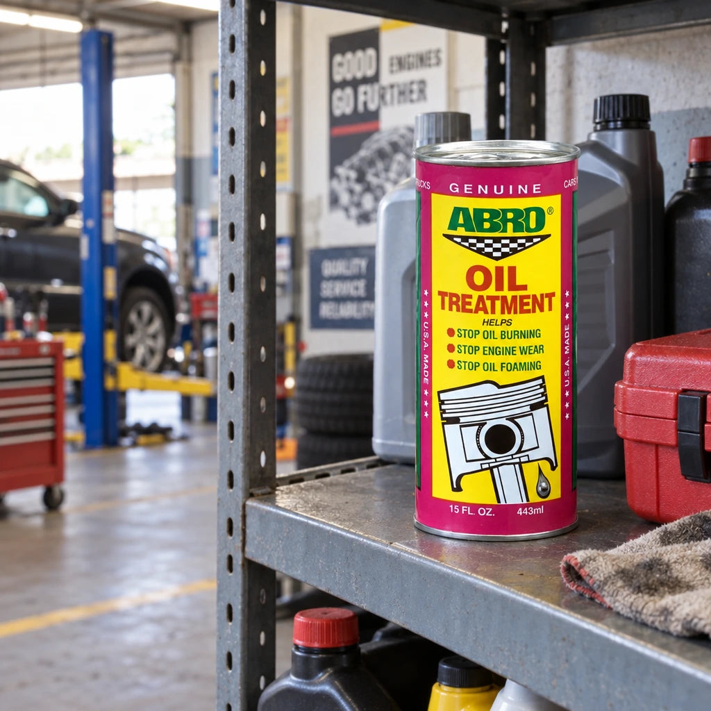 Abro Engine Oil Treatment can stored upright on a shelf in a Ghanaian auto workshop
