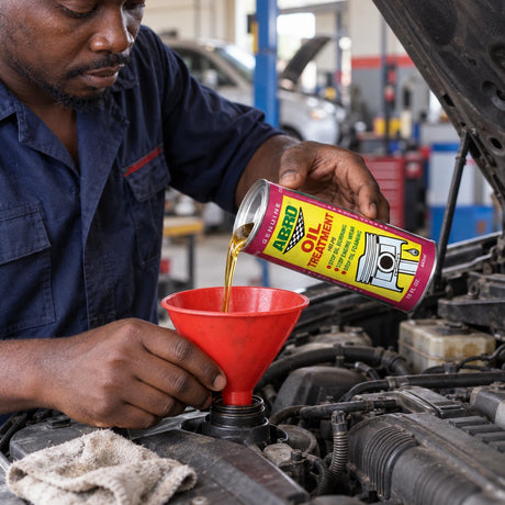 Mechanic pouring Abro Engine Oil Treatment from its can into an older car engine through a funnel