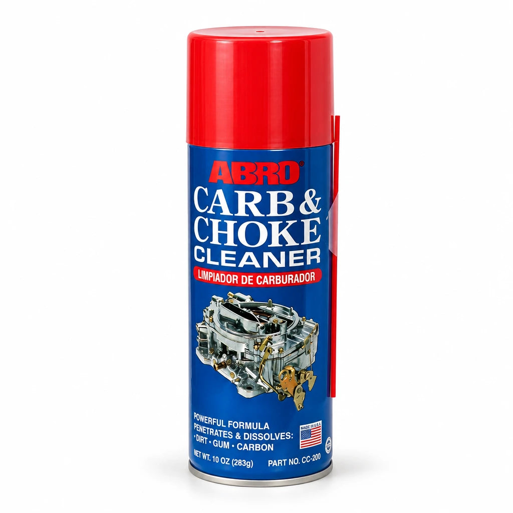 Abro Carb and Choke Cleaner red and blue aerosol can standing upright on a white background