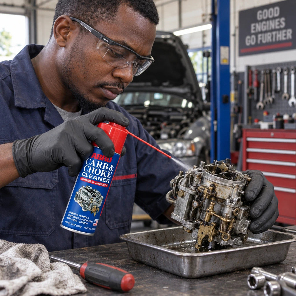 Ghanaian mechanic using Abro Carb and Choke Cleaner to spray a dirty carburetor on a workshop bench