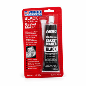 Abro Masters Black RTV Silicone Gasket Maker in its red retail blister package on a clean white background.