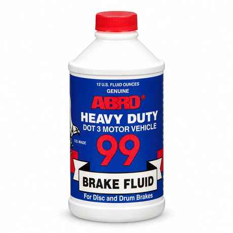 Abro 99 DOT 3 brake fluid bottle with red cap on a clean white background