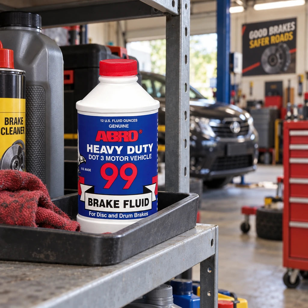 Sealed Abro 99 DOT 3 brake fluid bottle stored upright on an organised auto workshop shelf