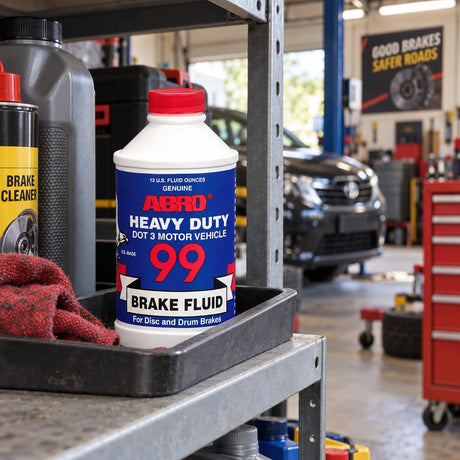 Sealed Abro 99 DOT 3 brake fluid bottle stored upright on an organised auto workshop shelf