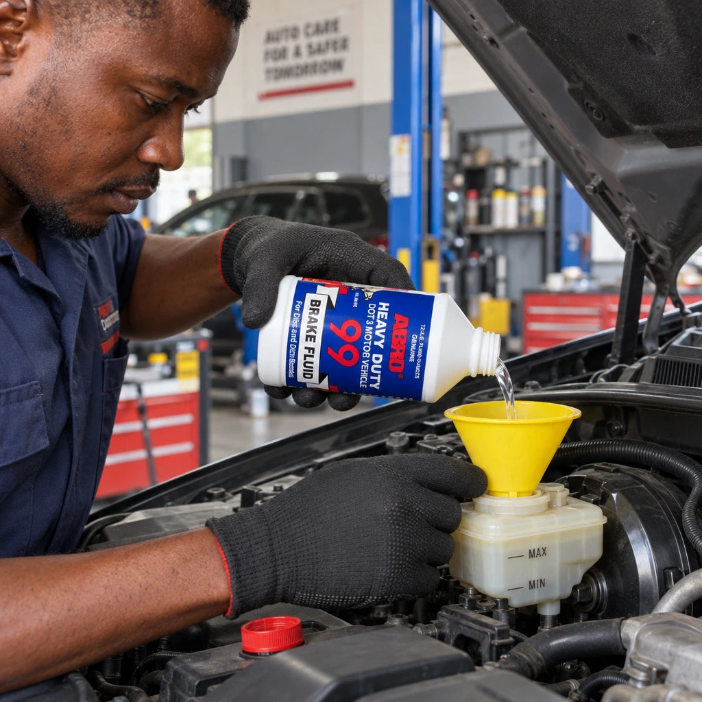 Technician carefully pouring Abro 99 DOT 3 brake fluid into a vehicle brake-fluid reservoir